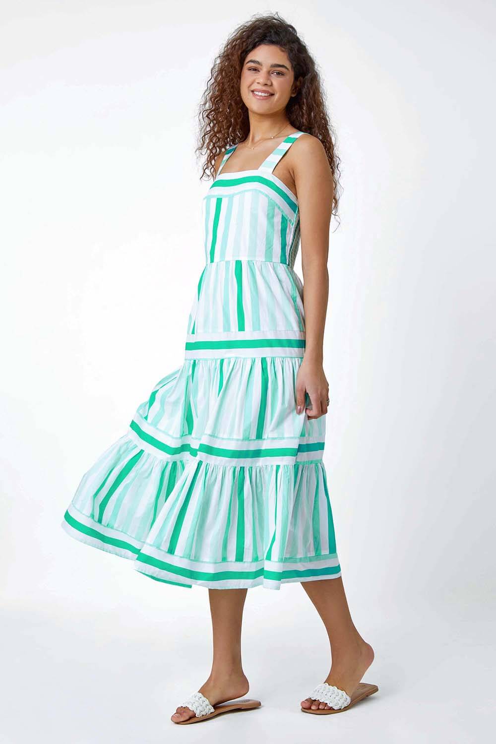 Mint Cotton Stripe Print Tiered Maxi Dress, Image 2 of 5