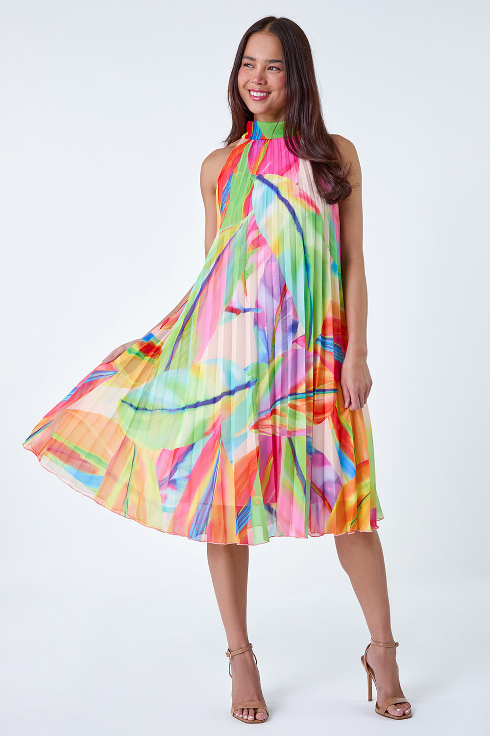ORANGE Petite Tropical Halter Neck Pleated Dress, Image 2 of 7
