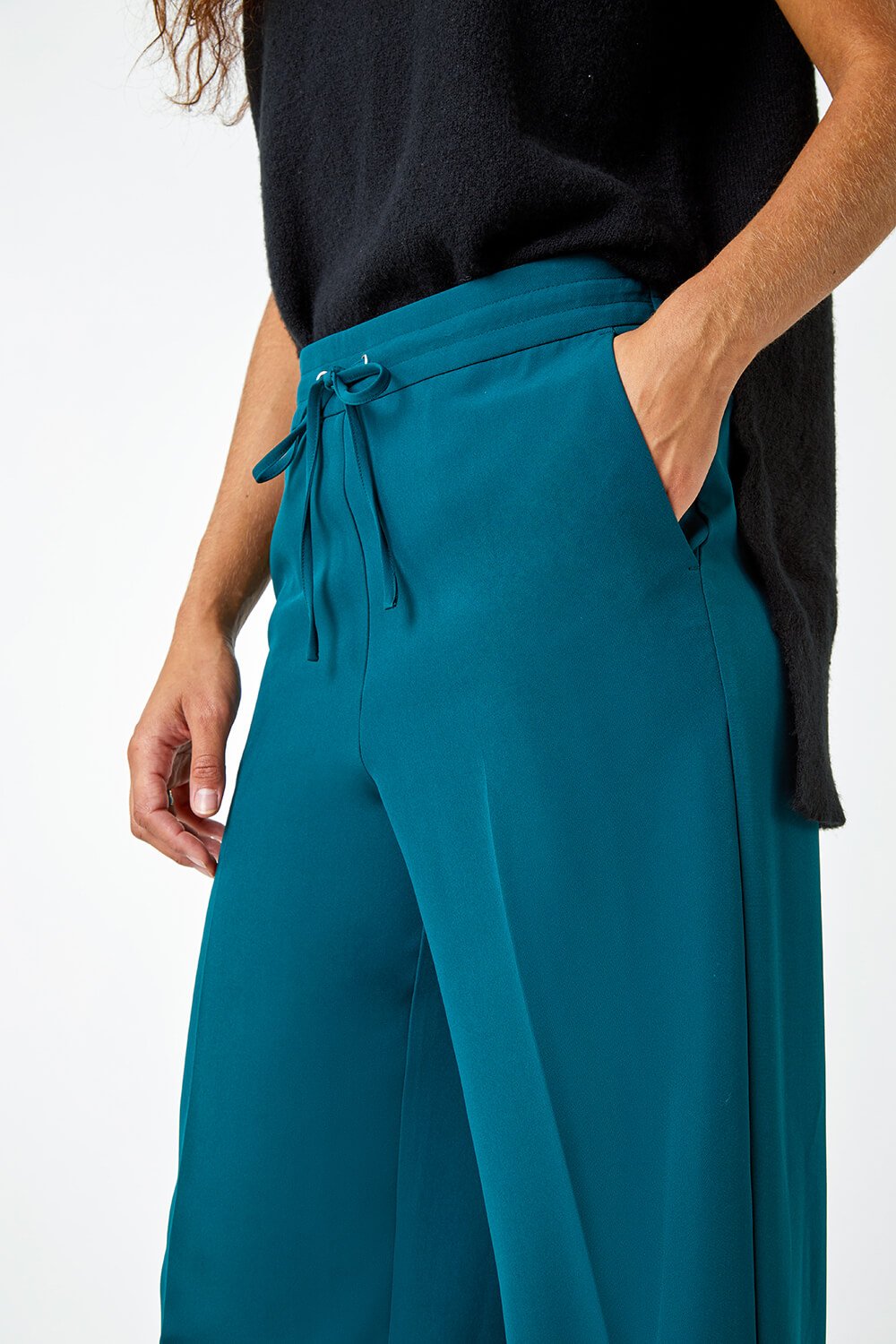 Dark Green Wide Leg Tie Front Stretch Trouser, Image 5 of 6