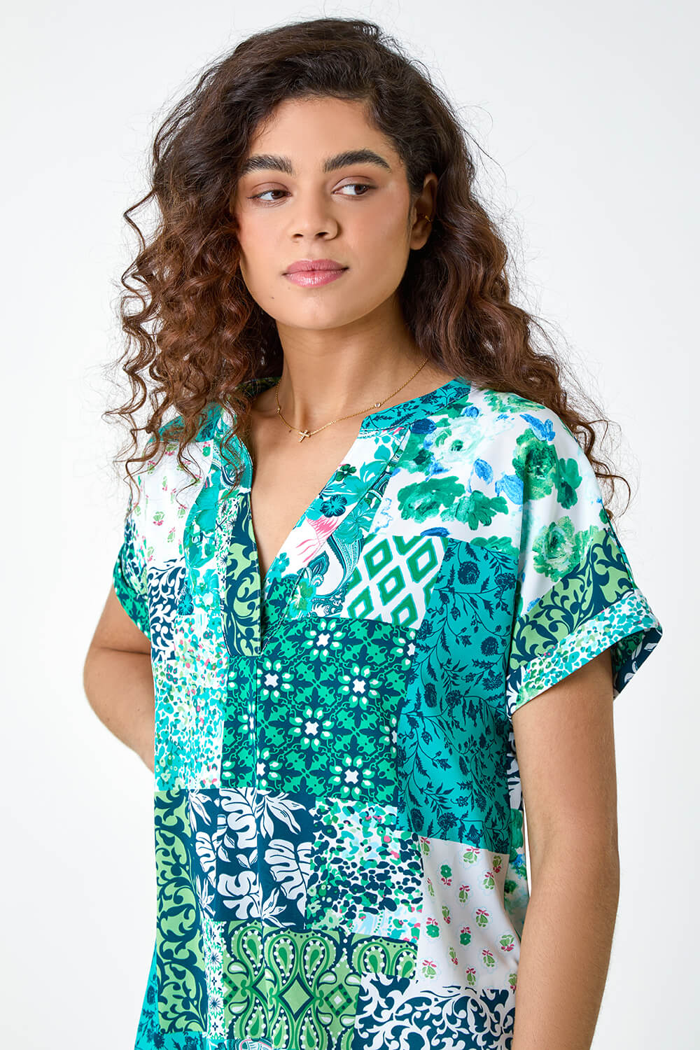 Green Patchwork Print Woven Pleat Front Top, Image 4 of 5