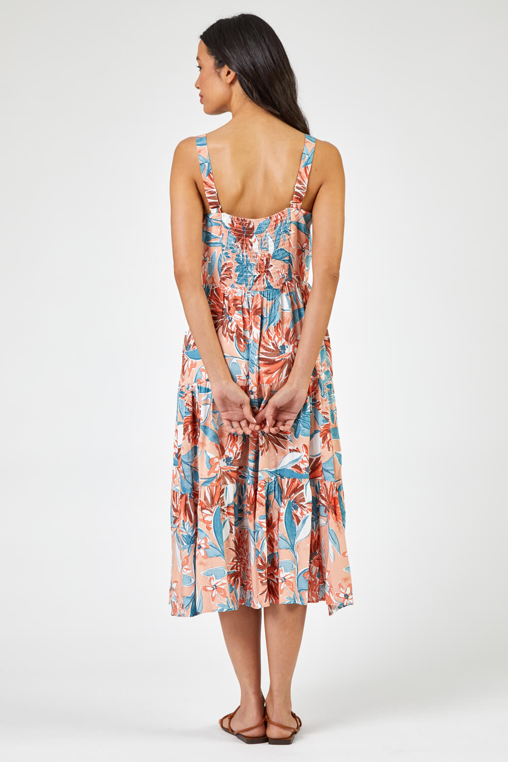 CORAL Tropical Floral Tiered Pocket Midi Dress, Image 2 of 5