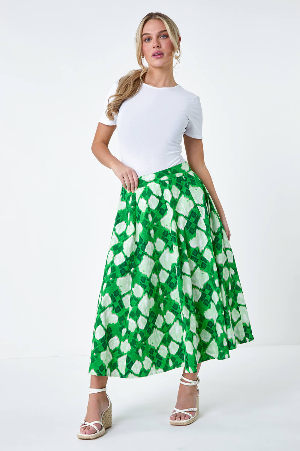 Green Petite Abstract Print Cotton Pocket Skirt, Image 2 of 5