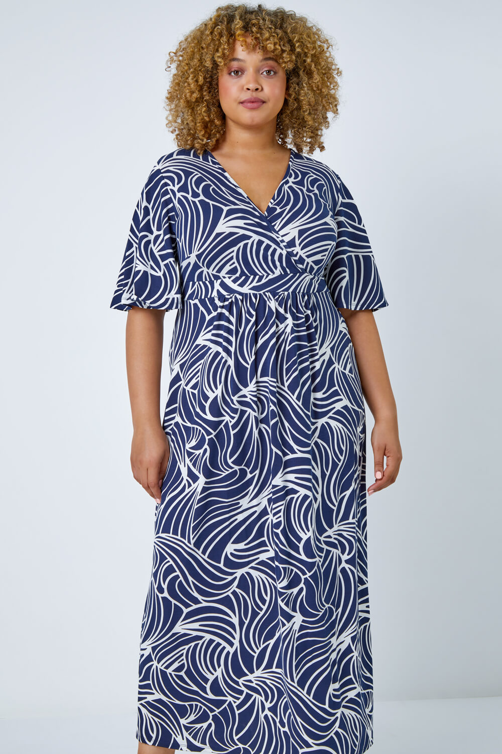 Navy  Curve Linear Print Midi Wrap Dress, Image 2 of 5