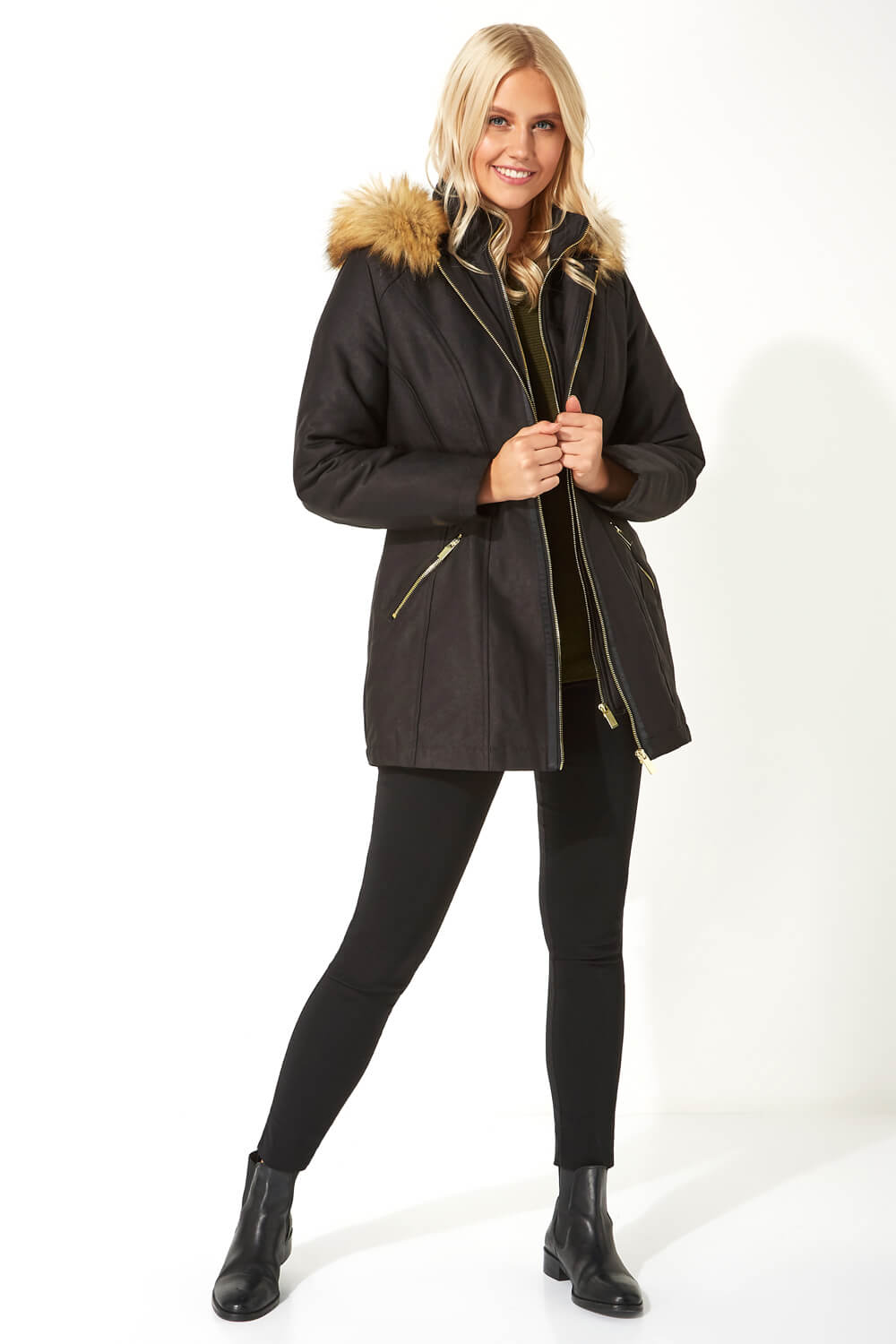 Black Luxury Faux Fur Trim Parka Coat, Image 2 of 5