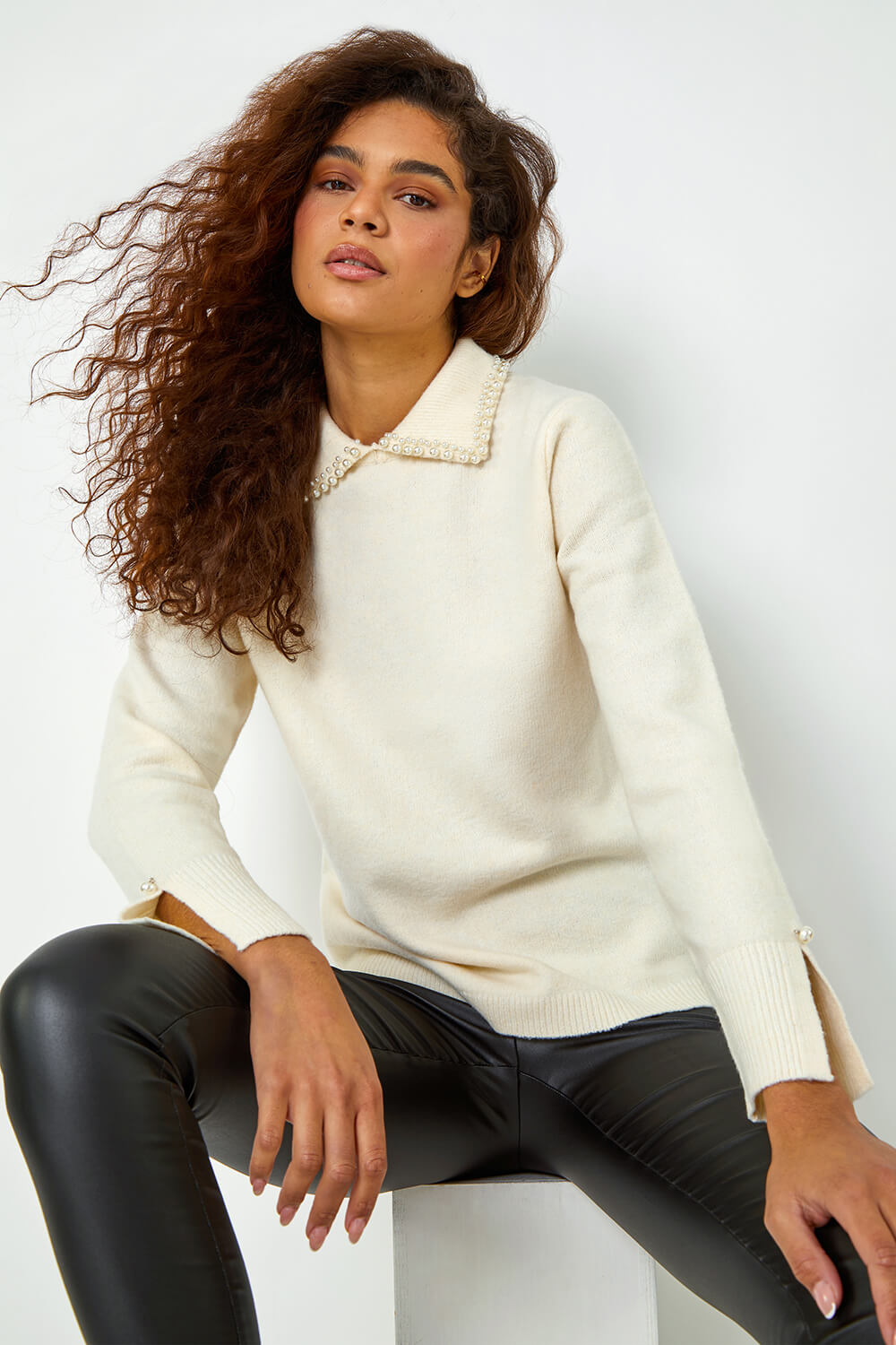 Ivory  Pearl Collared Stretch Jumper, Image 5 of 5