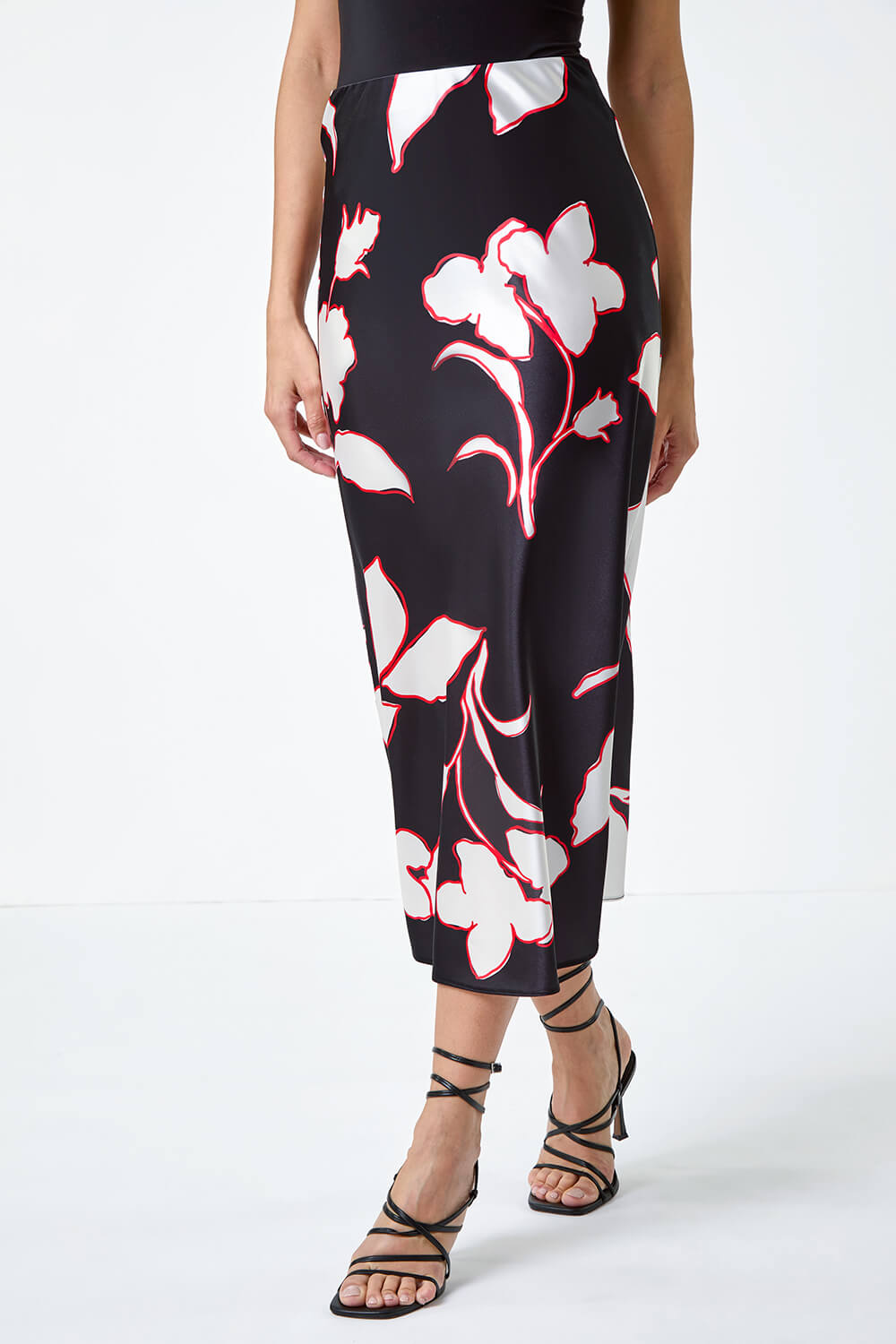 Black Floral Satin Elastic Waist A Line Midi Skirt, Image 6 of 6