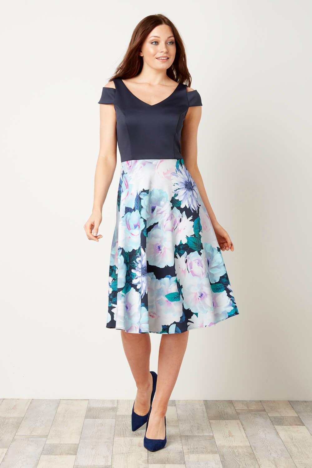 Floral Print Fit and Flare Scuba Dress