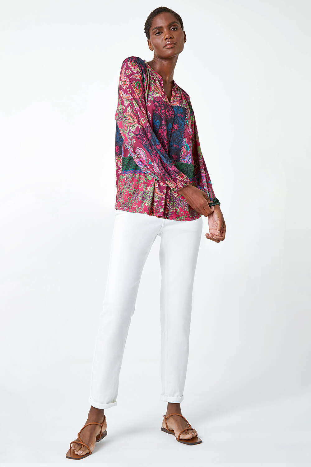 Red Patchwork Print Stretch Jersey Shirt, Image 2 of 5