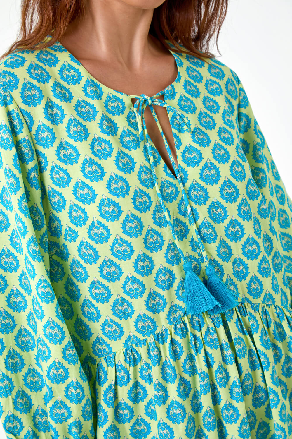 Turquoise Petite Border Print Tassel Smock Dress, Image 5 of 5