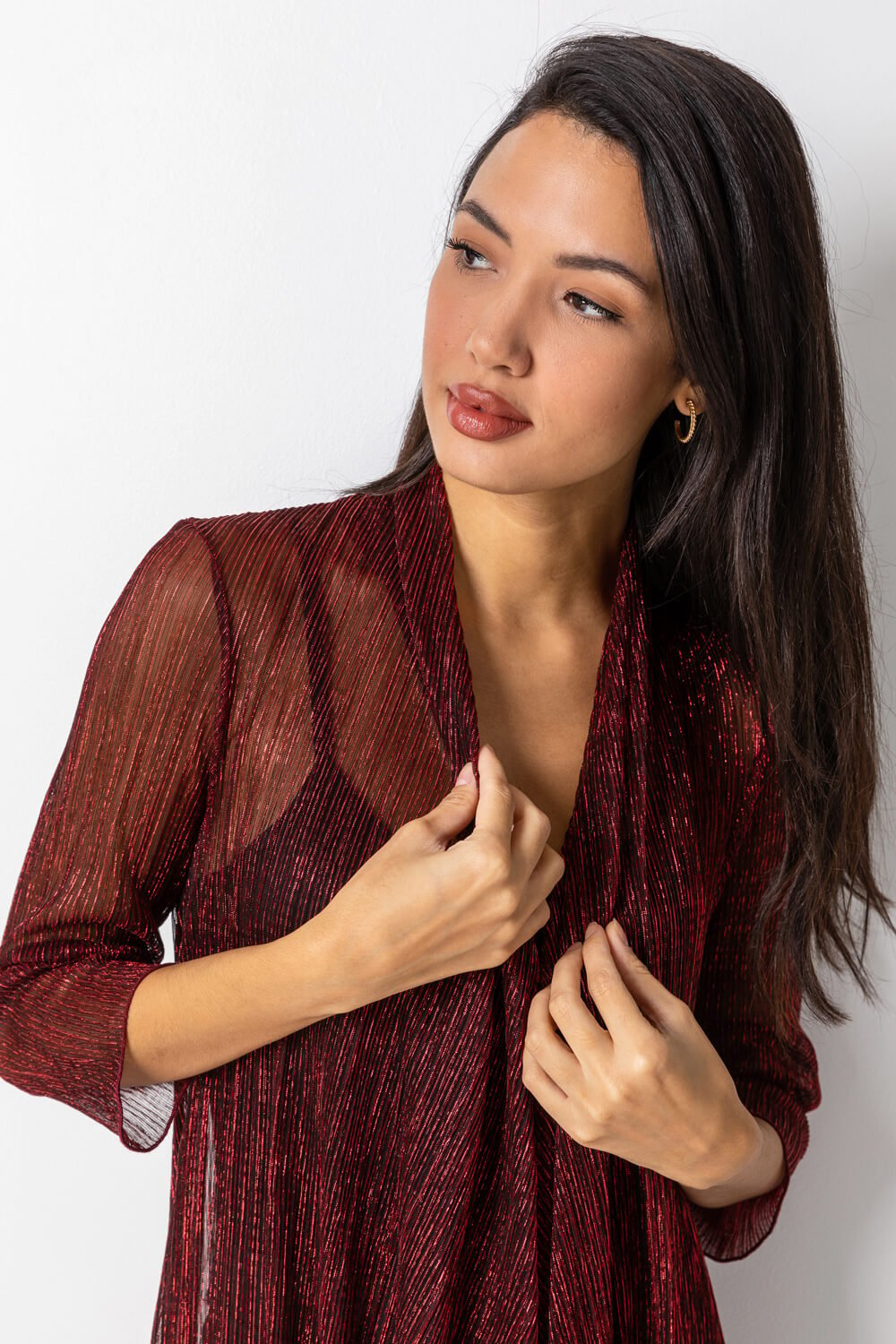 Red Waterfall Plisse Cover Up Cardigan, Image 4 of 5