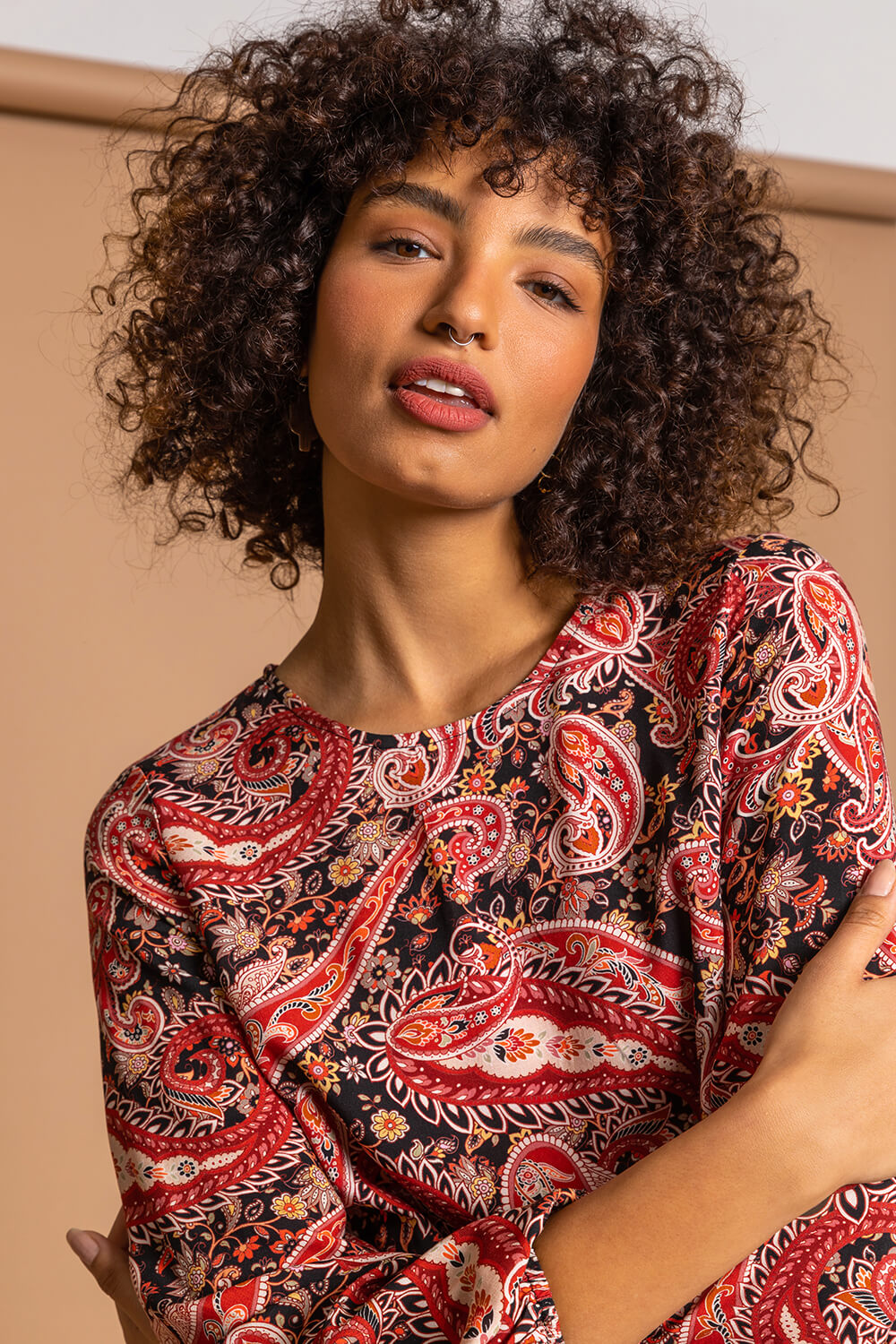 Red Paisley Print Tiered Top | Roman UK