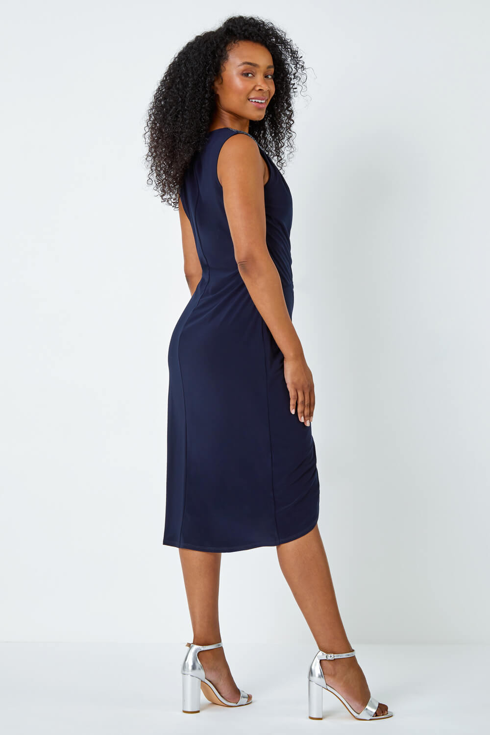 Navy  Petite Embellished Ruched Stretch Dress, Image 3 of 5