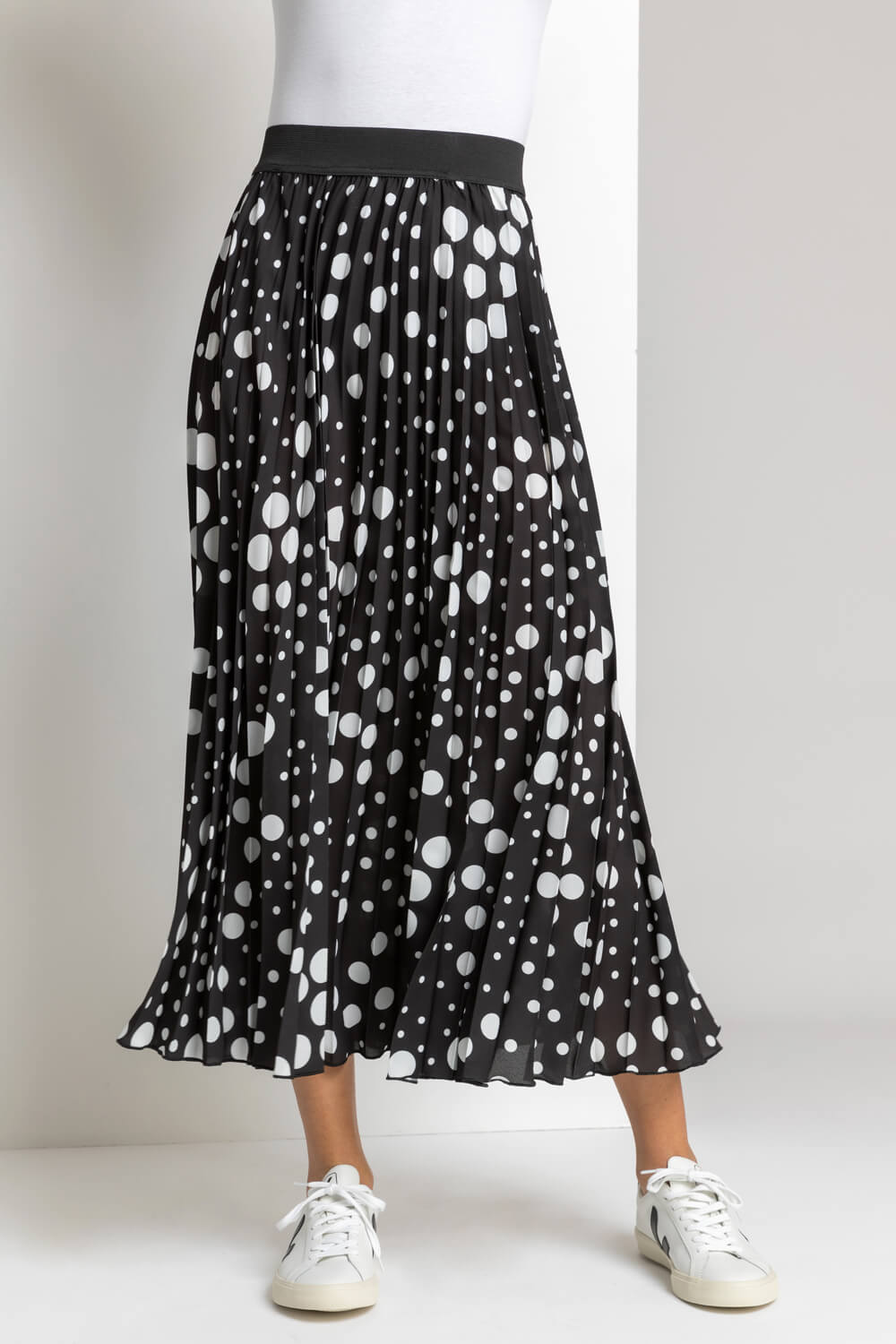 Black Spot Print Pleated Maxi Skirt, Image 2 of 4