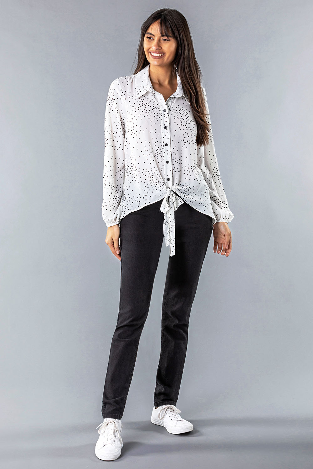 Ivory  Spot Print Tie Front Blouse, Image 2 of 4
