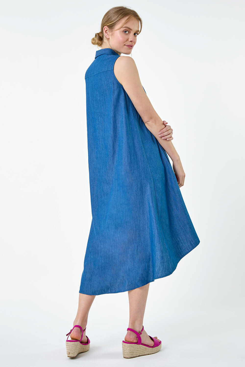 Blue Denim Zip Detail Dipped Hem Midi Dress, Image 3 of 5