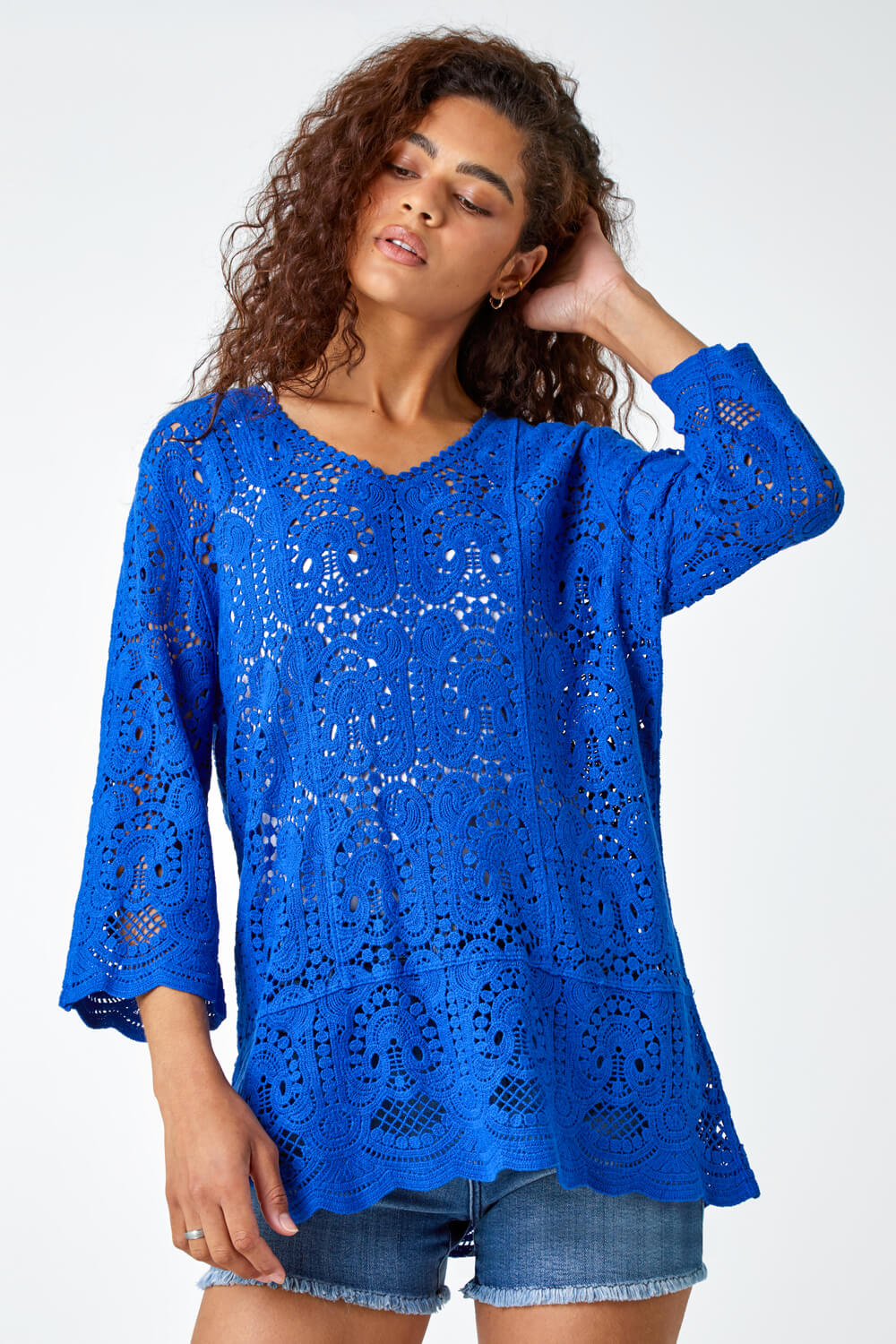 Royal Blue Cotton Crochet Tunic Top, Image 3 of 6