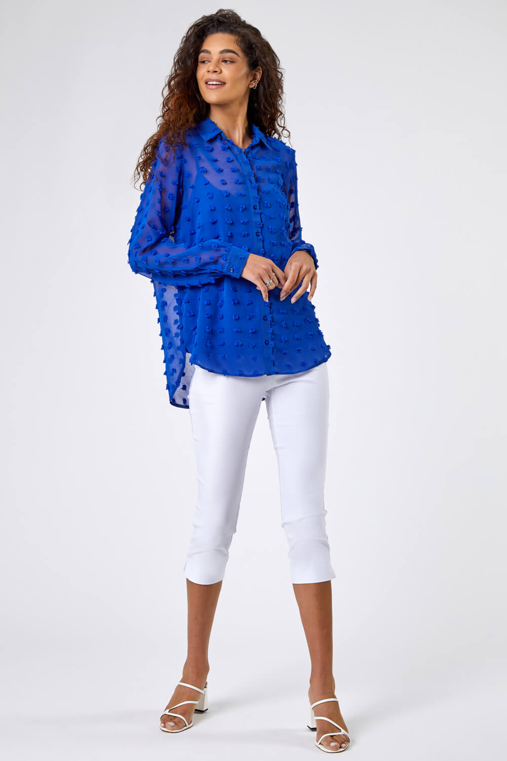 Royal Blue Textured Spot Button Up Blouse, Image 3 of 5