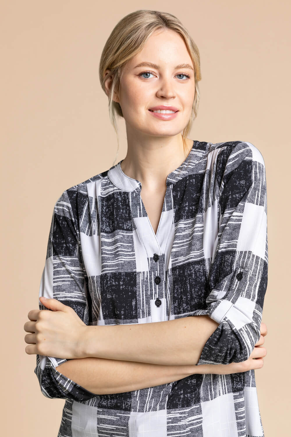 Black Textured Check Print Jersey Top, Image 4 of 5