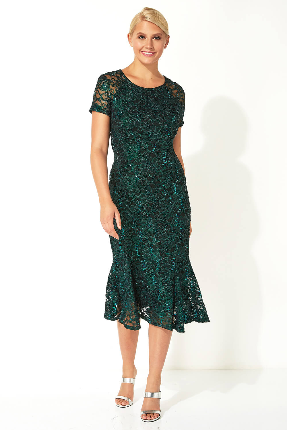 Green Metallic Lace Sequin Midi Dress, Image 2 of 5