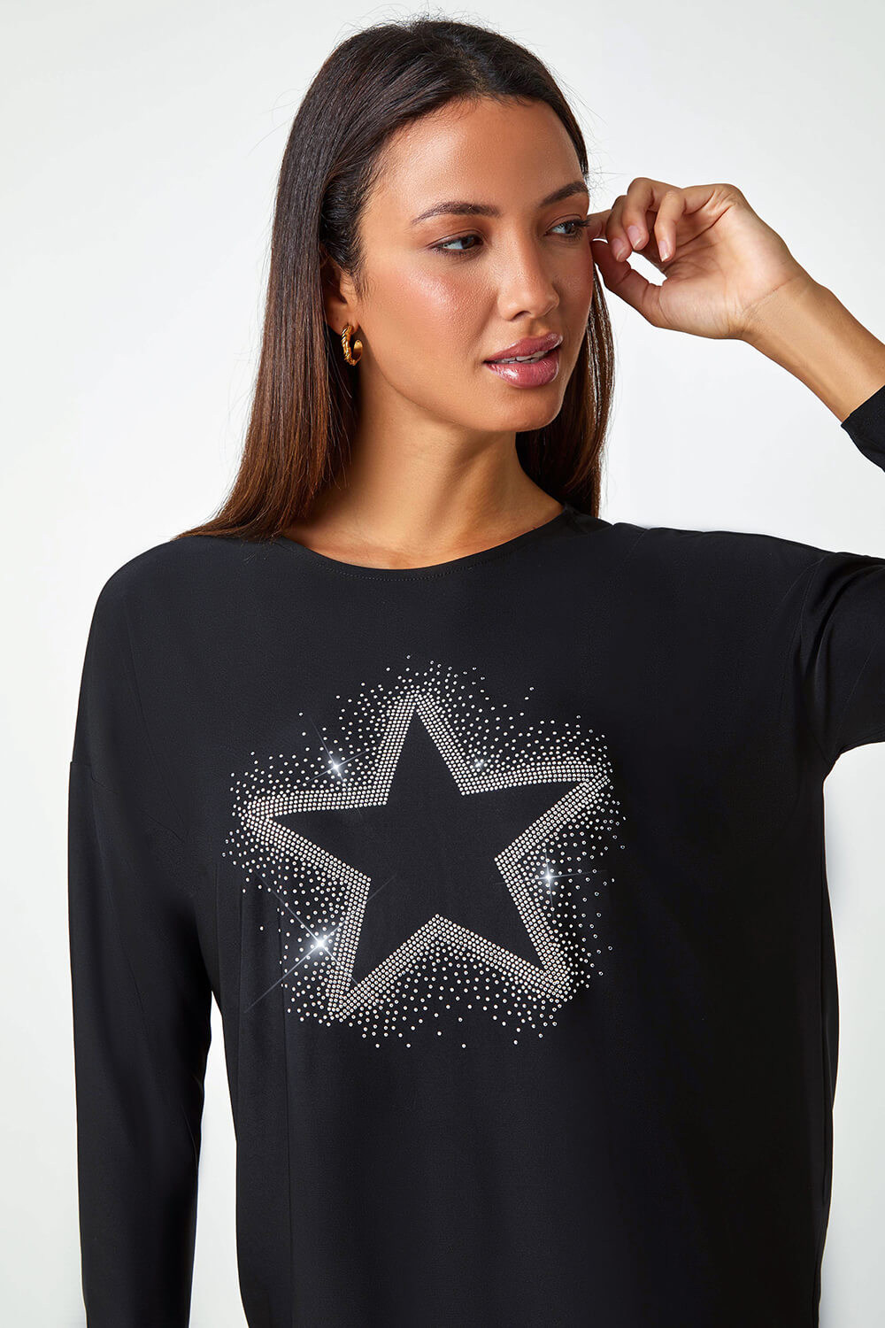 Black Embellished Star Print Stretch Top, Image 4 of 5