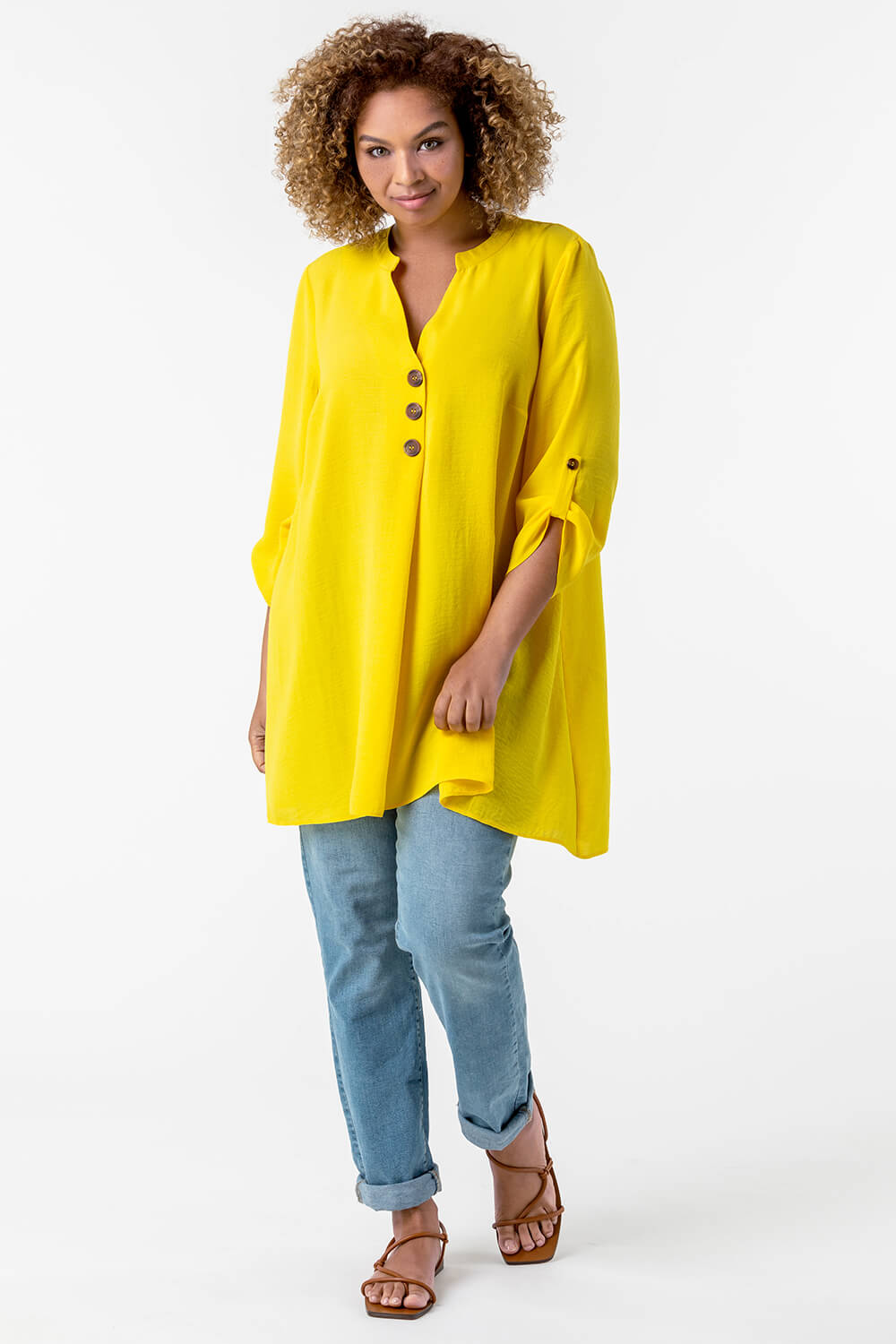 Yellow Curve Button Detail Tunic Top, Image 3 of 4