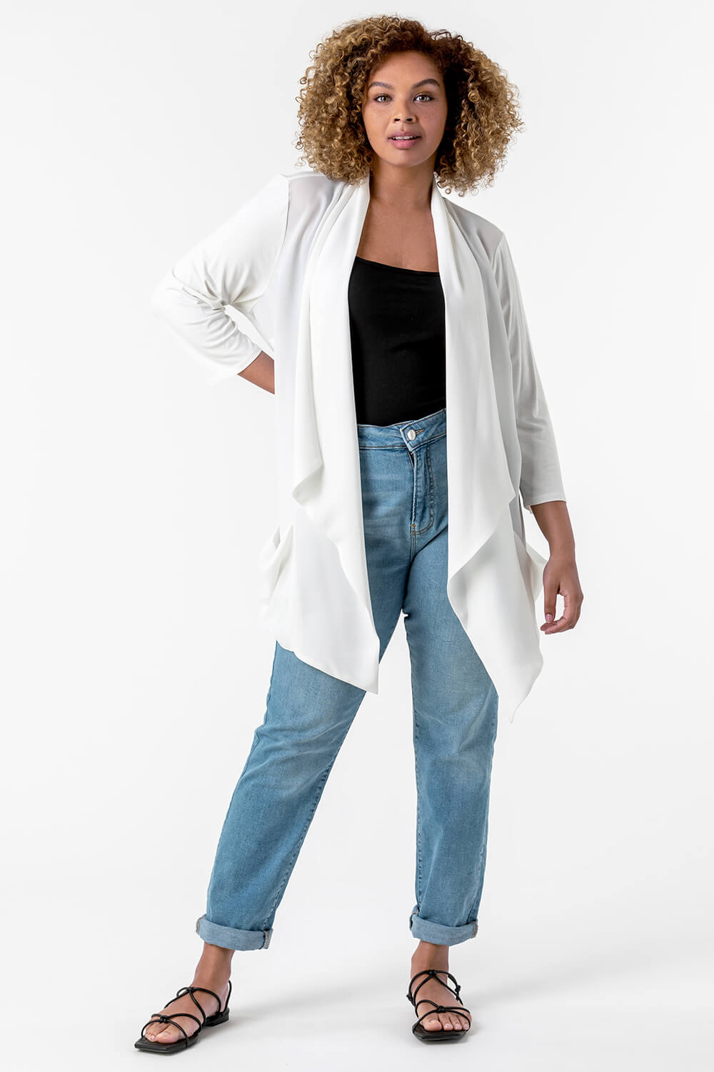 Ivory  Curve Woven Front Jersey Cardigan, Image 3 of 4