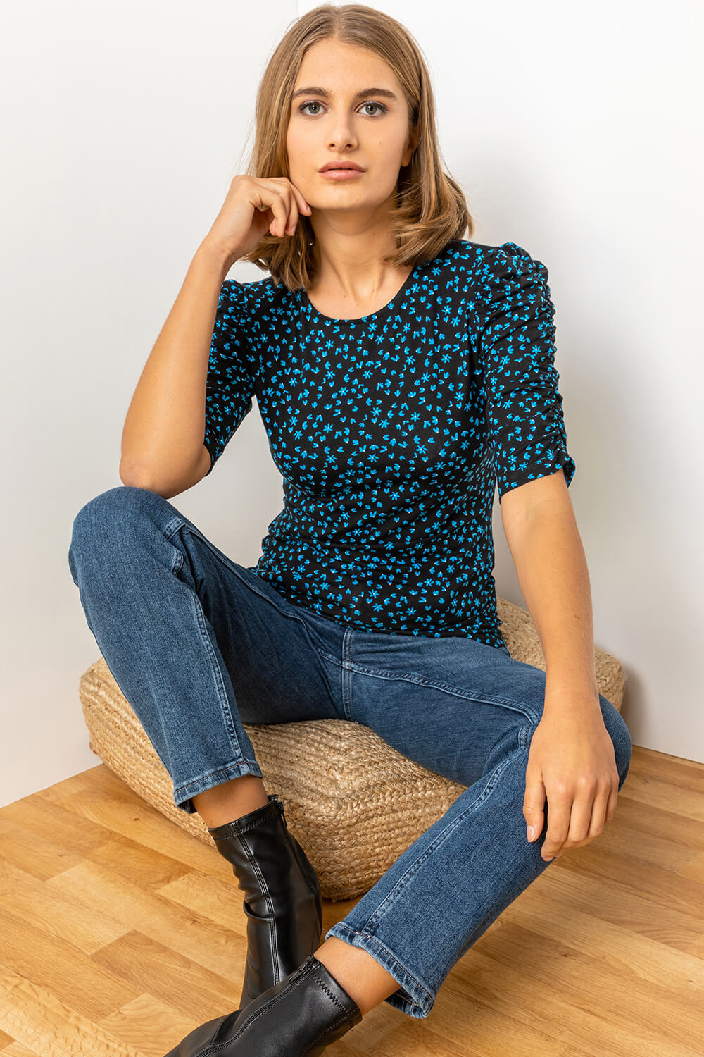 Blue Ditsy Floral Print Ruched Top, Image 5 of 5