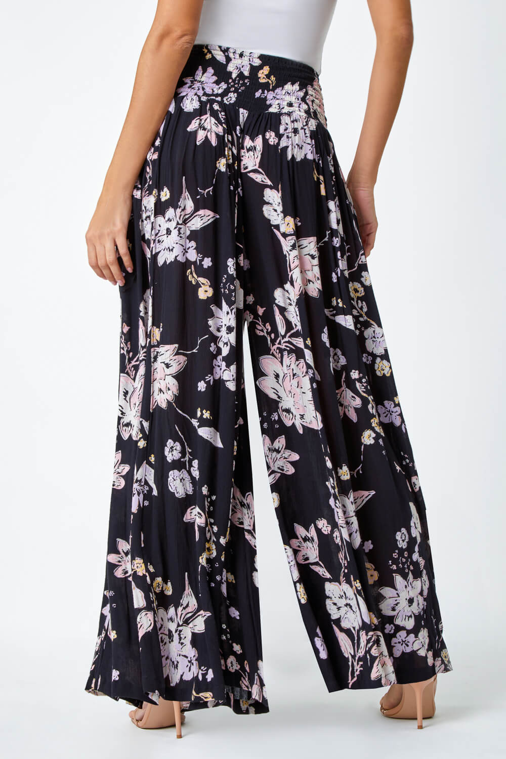 Black Floral Wide Leg Palazzo Trousers, Image 3 of 5