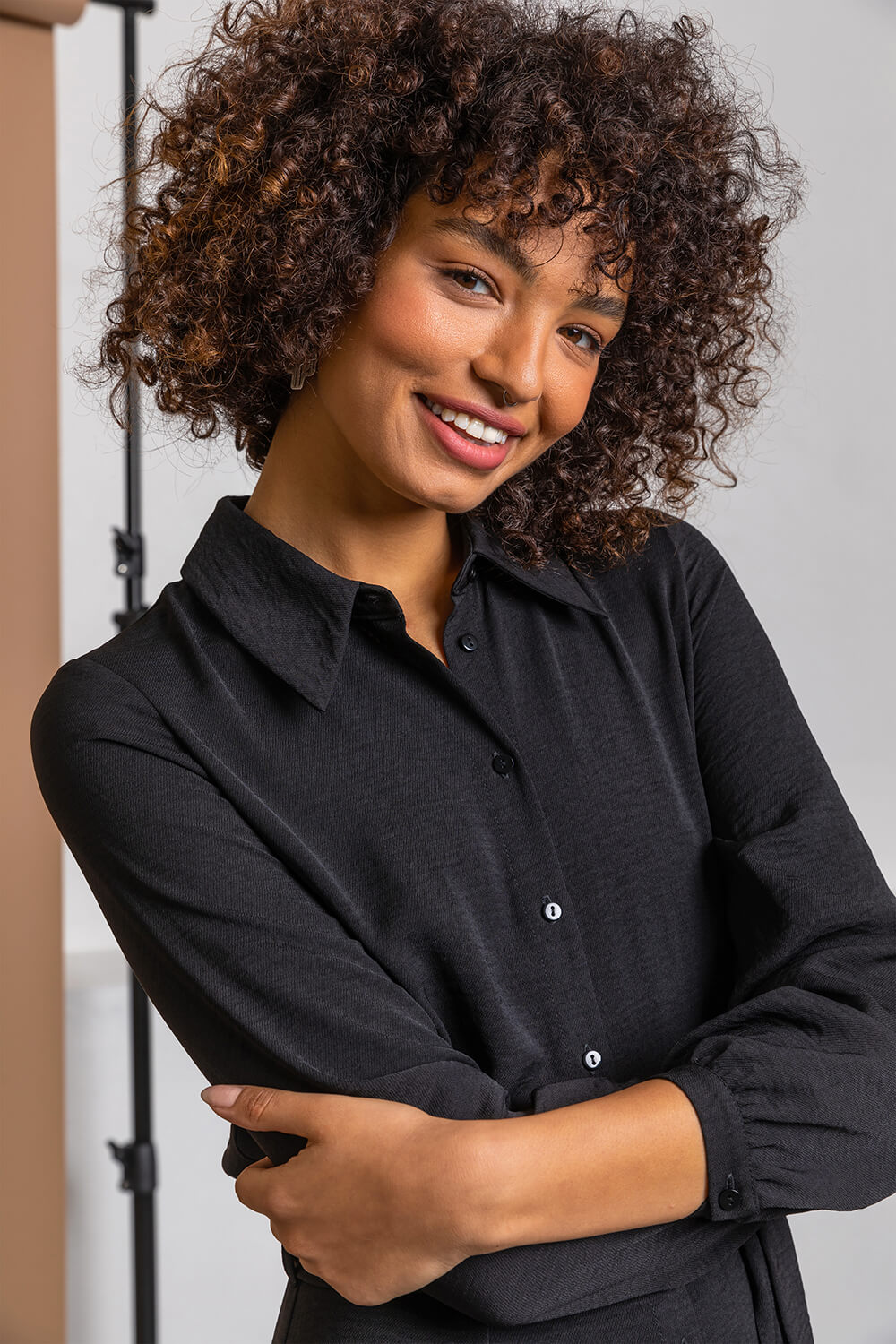 Black Tiered Midi Length Shirt Dress, Image 4 of 5