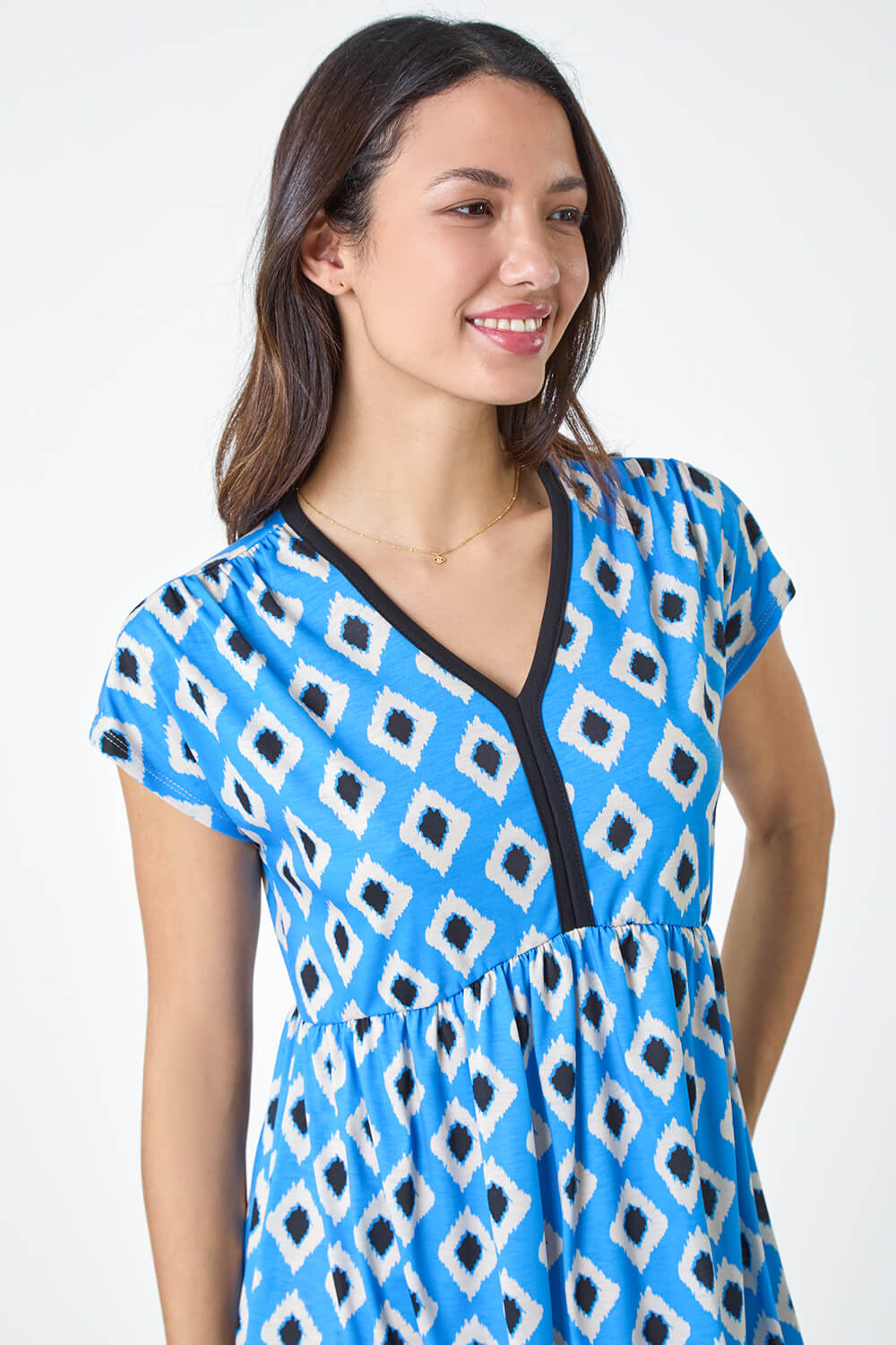 Blue Contrast Geometric Print Stretch Dress, Image 4 of 5