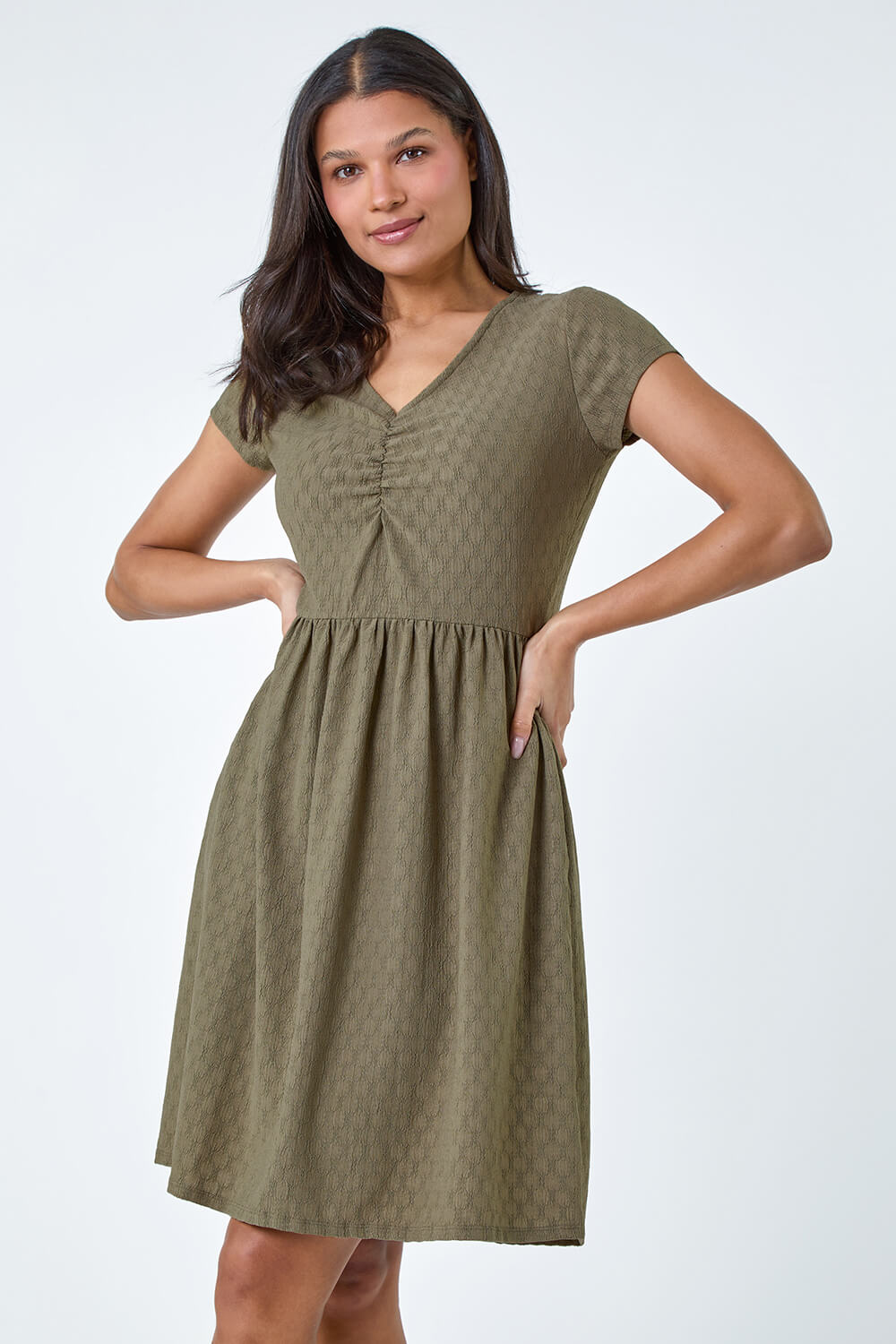 KHAKI Textured Ruched Stretch Jersey Dress, Image 4 of 5