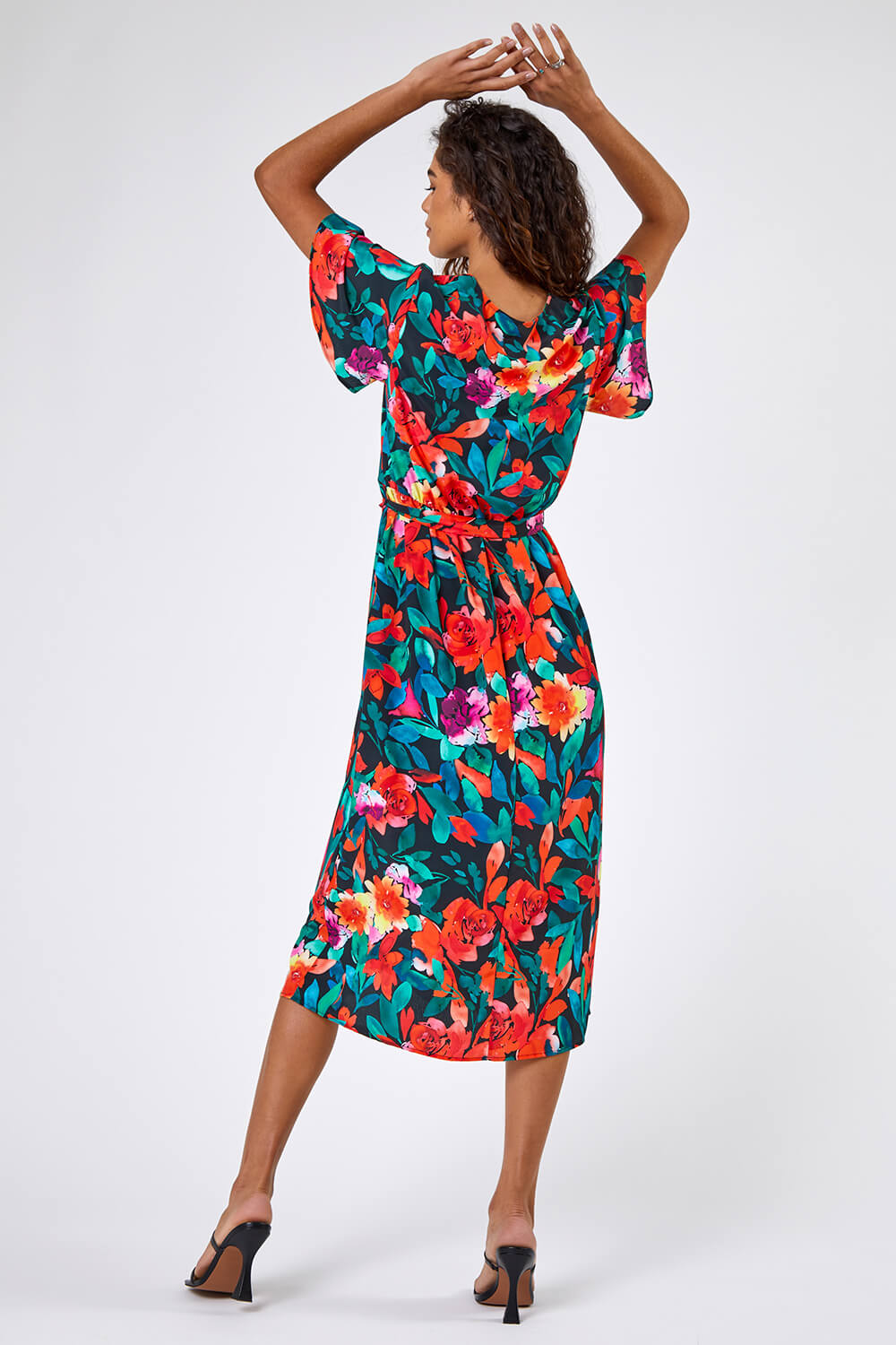 ORANGE Floral Print Frill Wrap Midi Dress, Image 3 of 5