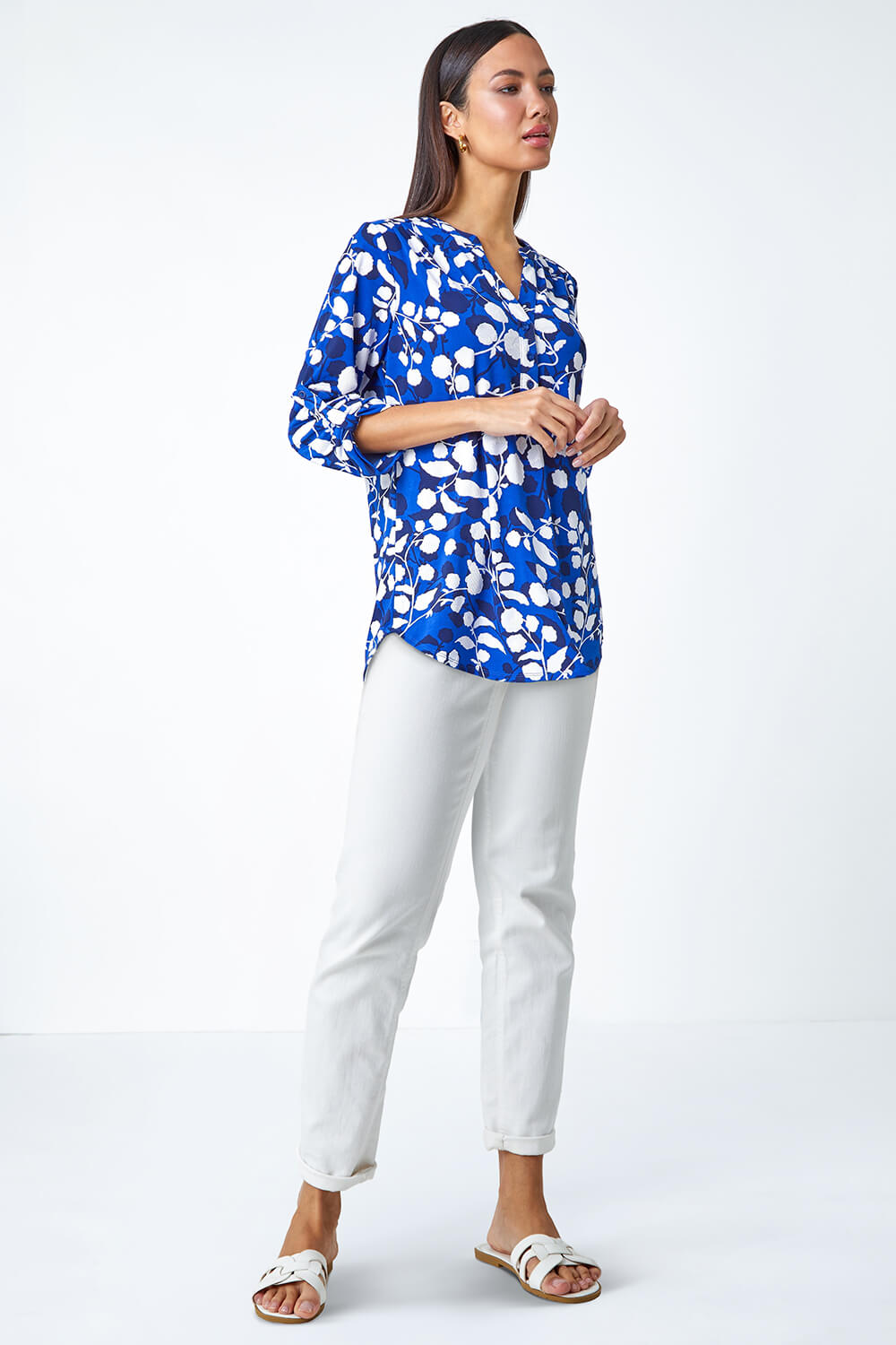 Royal Blue Textured Floral Print Stretch Shirt, Image 2 of 5