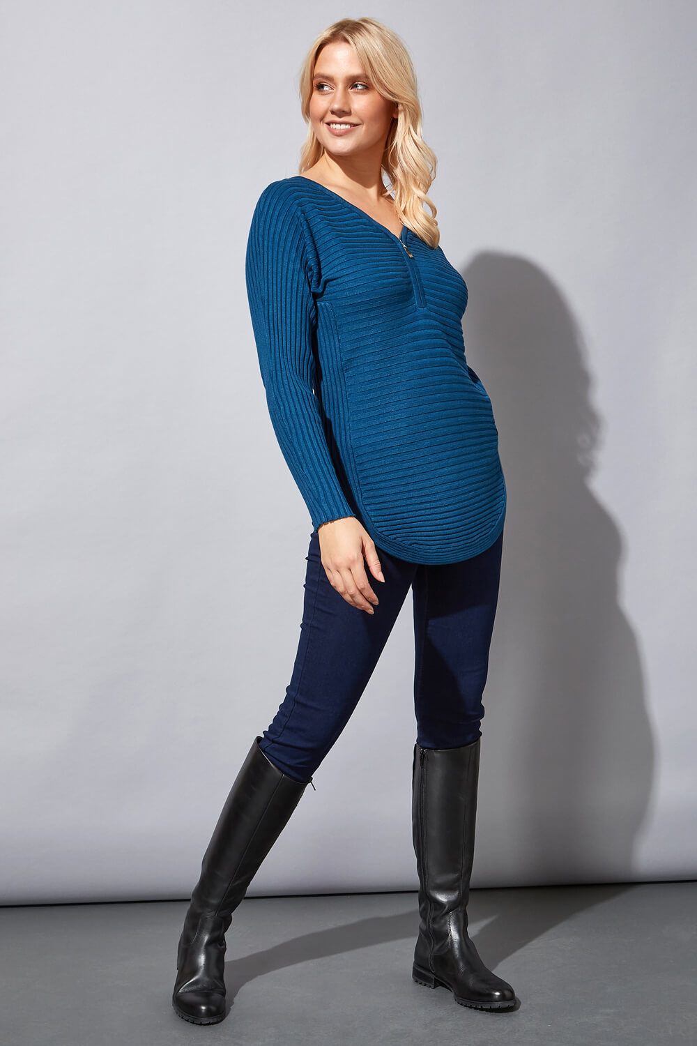 Teal Zip Front V Neck Jersey Long Sleeve Top, Image 2 of 4