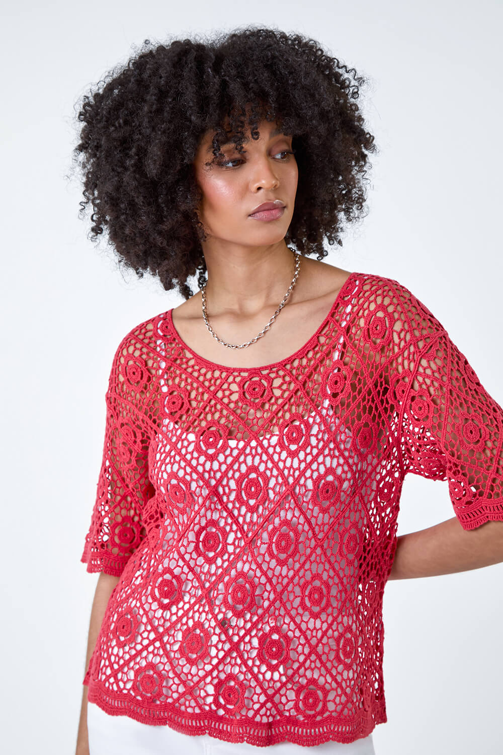Red Cotton Crochet T-Shirt, Image 4 of 5