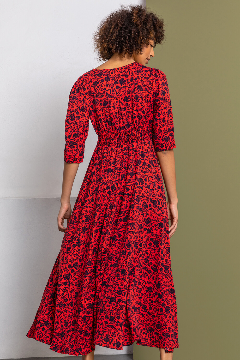 Red Floral Print Shirred Waist Maxi Dress, Image 2 of 5