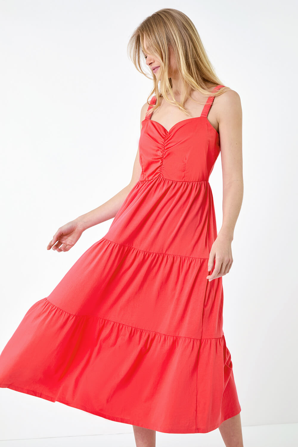 CORAL Cotton Strappy Tiered Midi Dress, Image 4 of 7