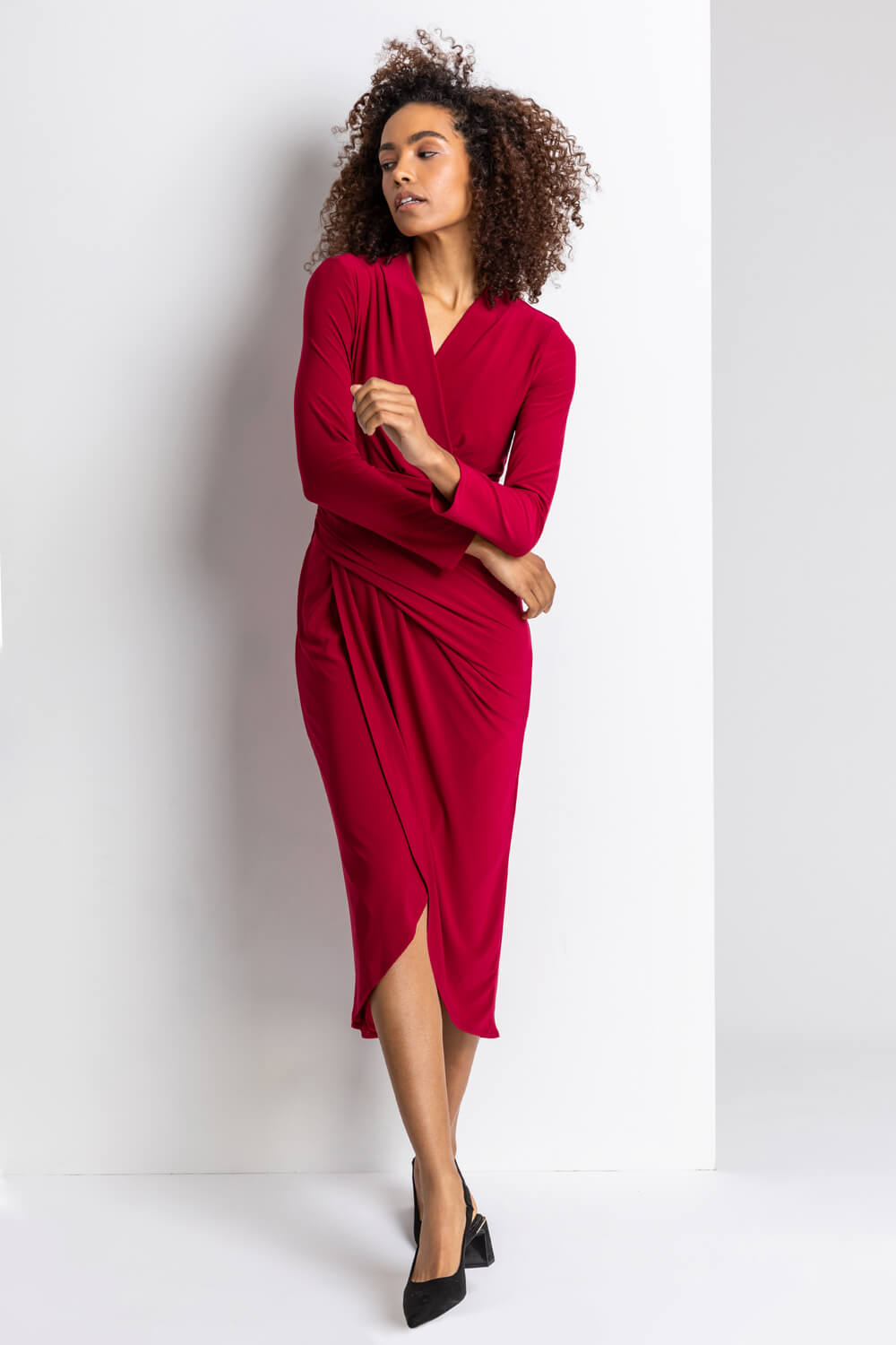 Wine Fitted Jersey Wrap Dress, Image 3 of 5