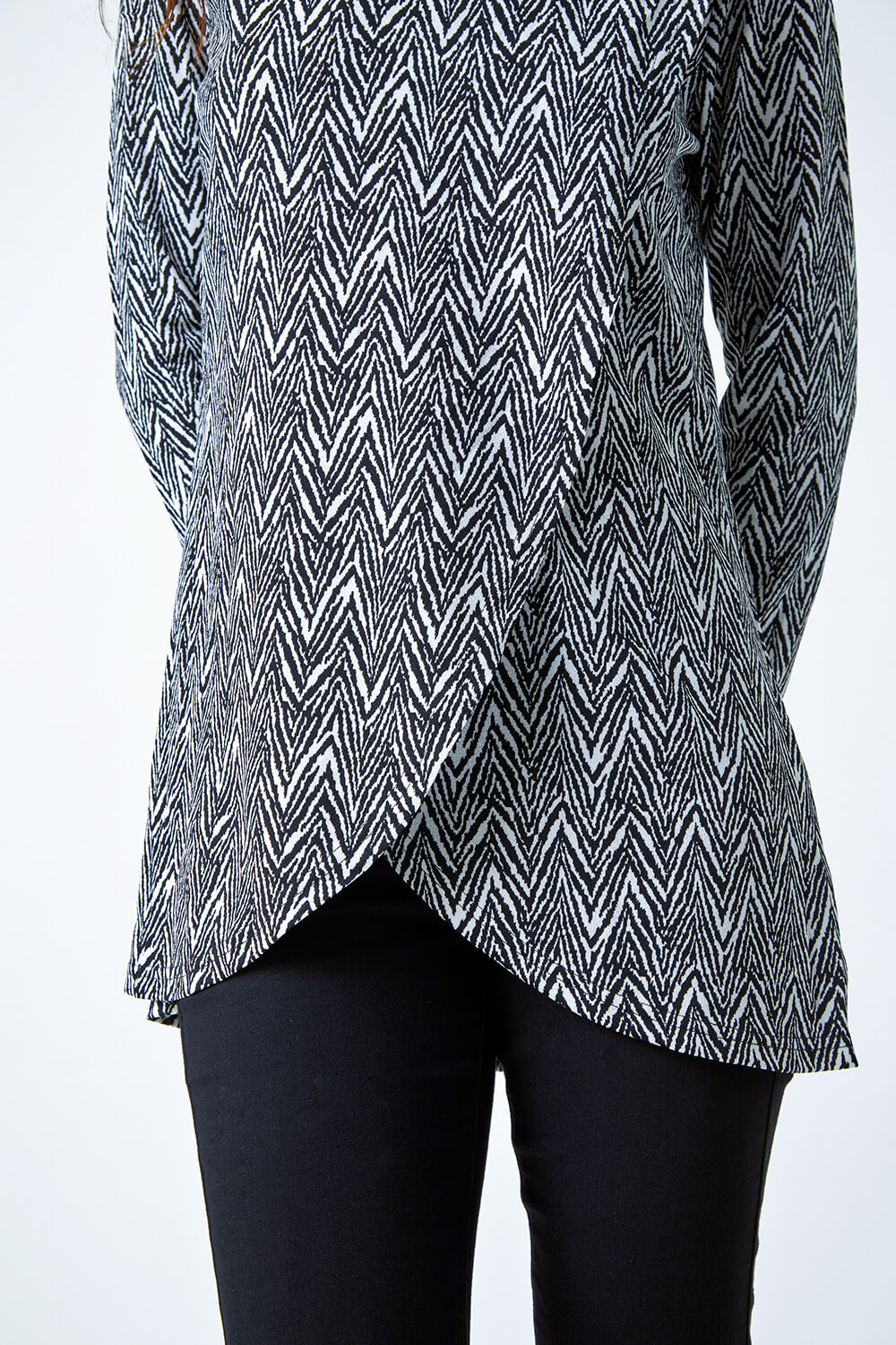 Black Geo Print Wrap Front Cowl Neck Stretch Top, Image 5 of 5