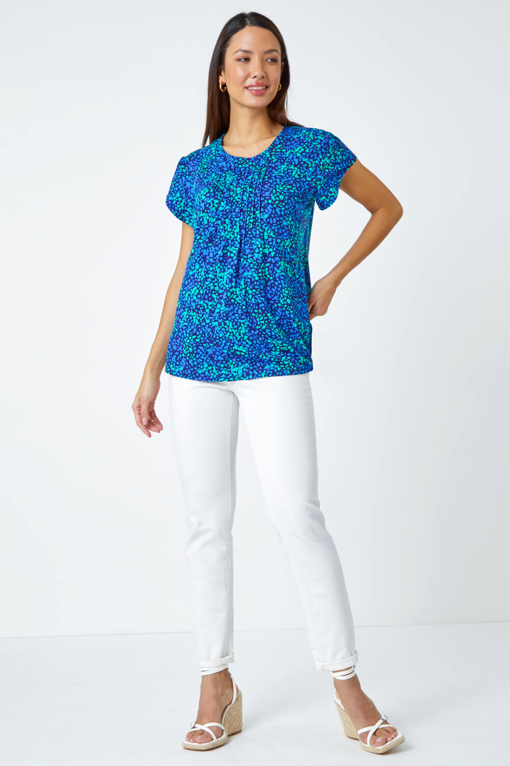 Blue Ditsy Spot Print Pleated Stretch Top, Image 2 of 5