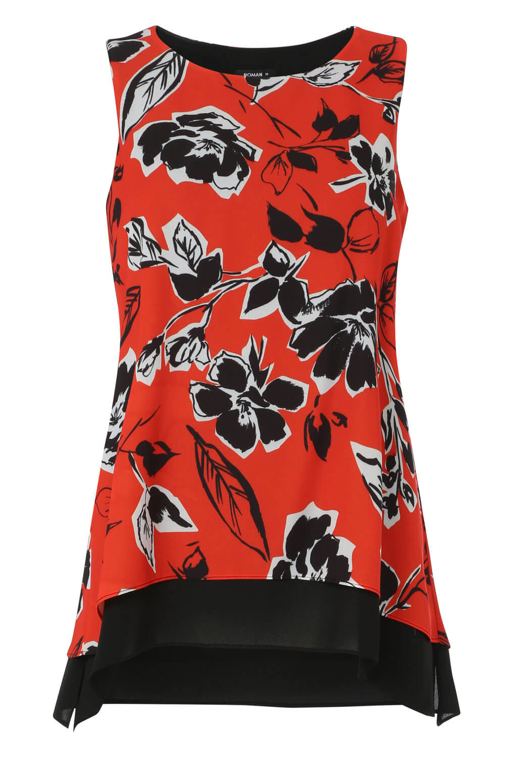 Red Sleeveless Floral Contrast Top, Image 4 of 8
