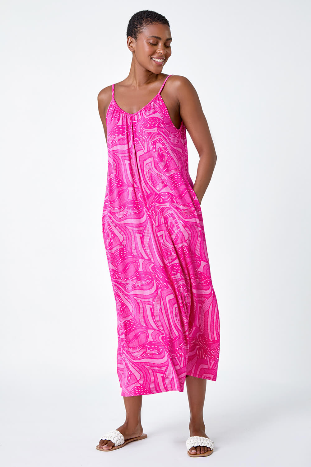 Fuchsia Abstract Stretch Jersey Pocket Midi Dress, Image 2 of 5