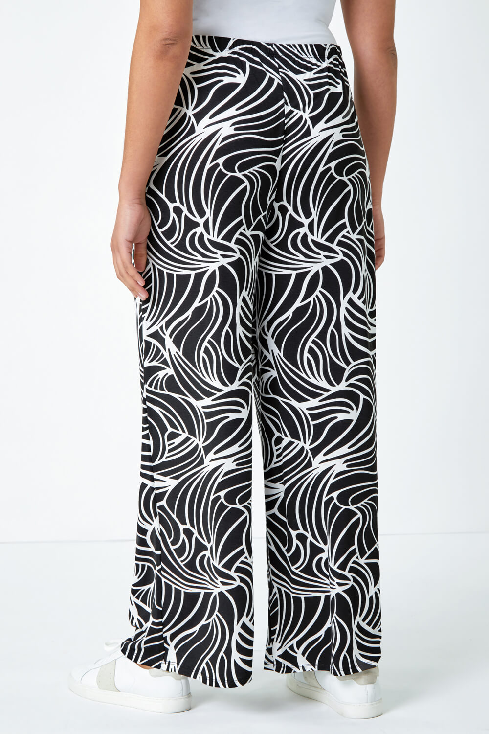 Black Curve Linear Print Palazzo Stretch Trousers, Image 3 of 5
