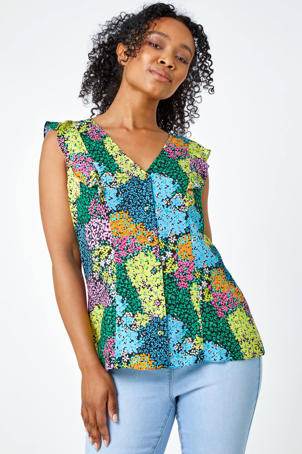 Black Petite Floral Frill Detail Button Top, Image 2 of 6