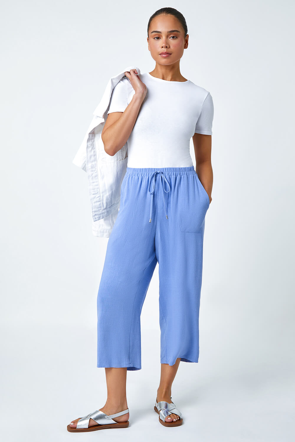 Buy Mid Blue Elasticated Waist Wide Crop Trousers from Next Poland
