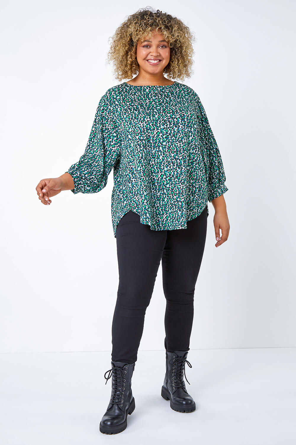 Green Curve Animal Print Stretch Top, Image 2 of 7