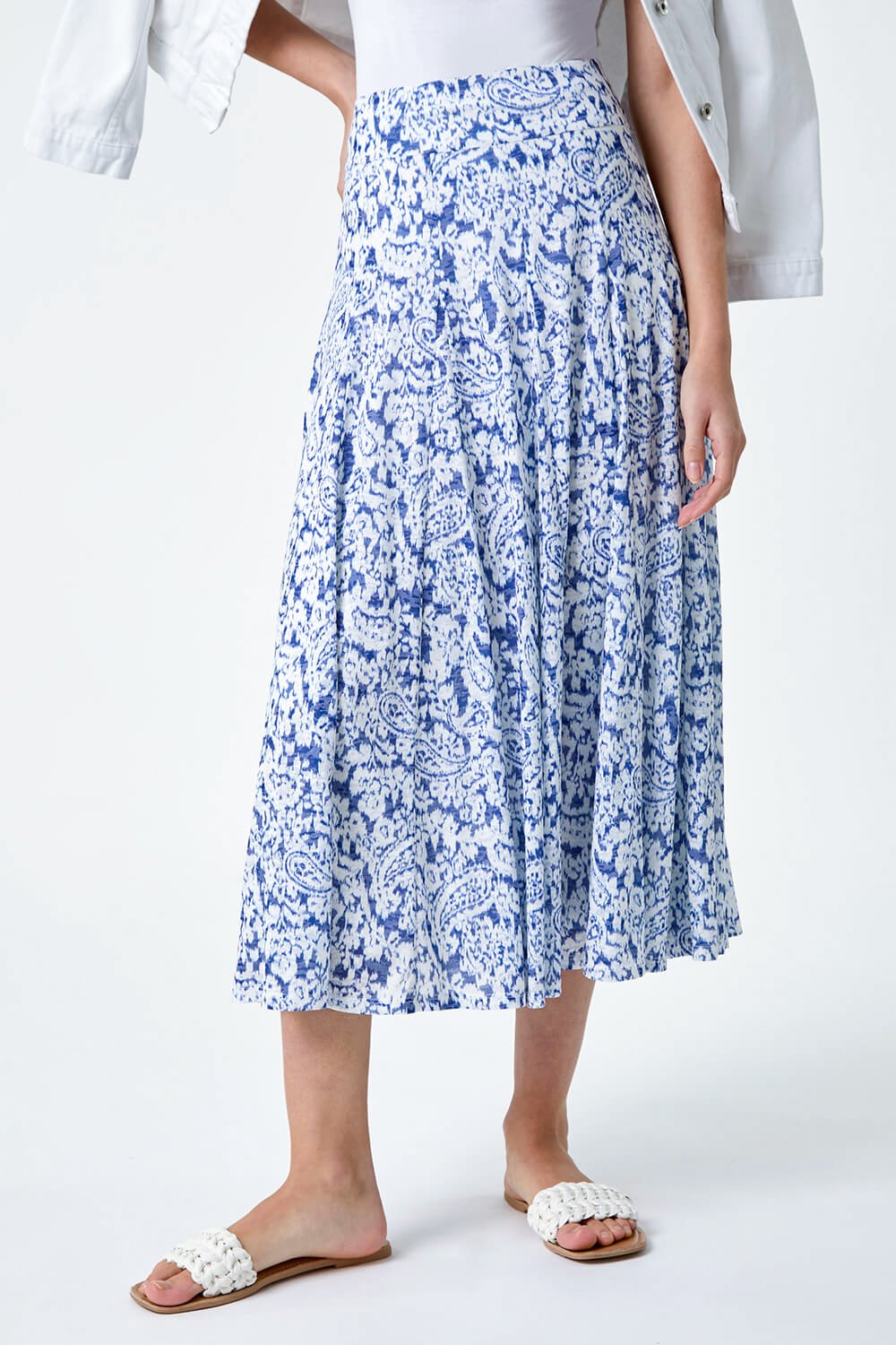 Blue Paisley Print Stretch Midi Skirt, Image 4 of 5