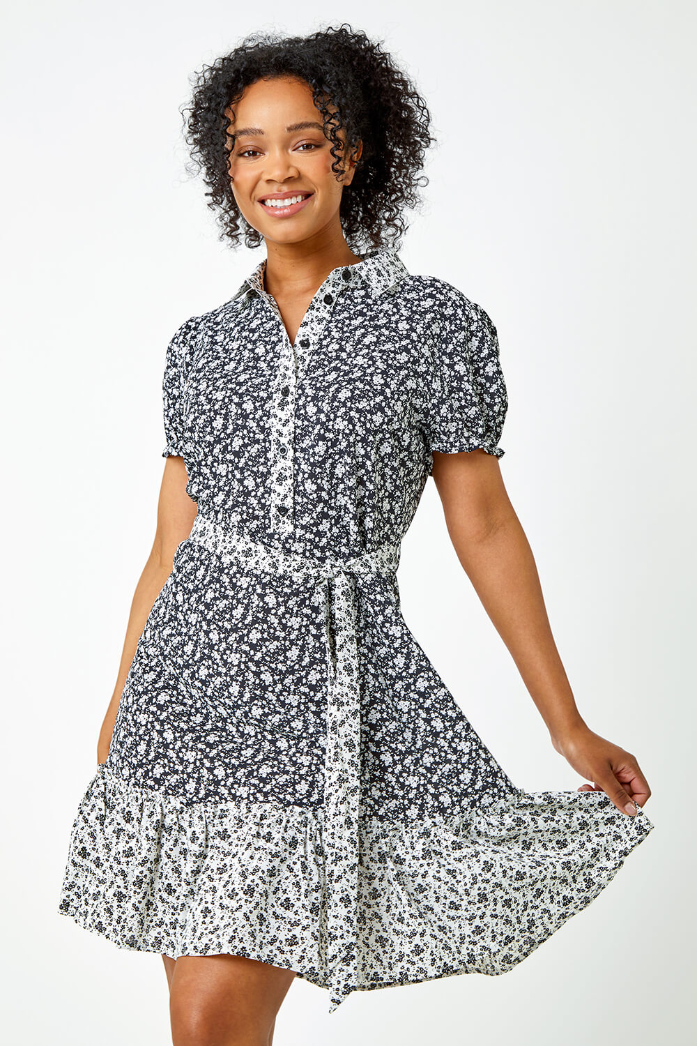 Black Petite Ditsy Floral Shirt Dress, Image 4 of 5