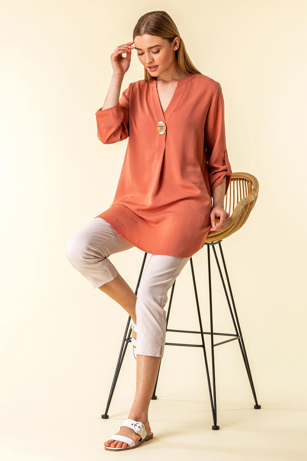Salmon Longline Button Detail Tunic Top, Image 2 of 4