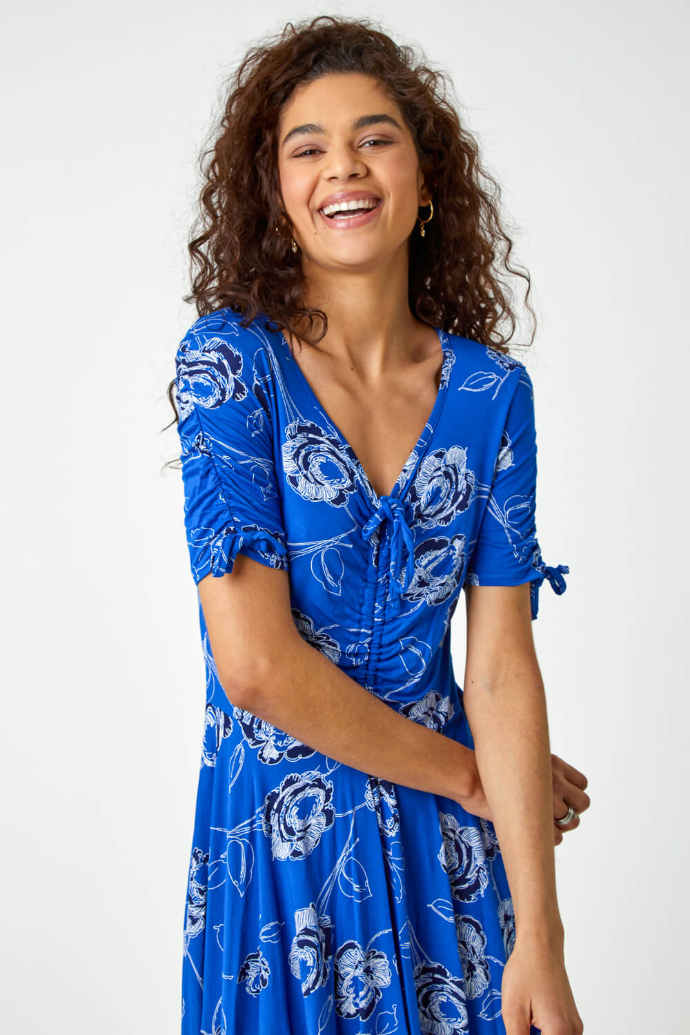 Royal Blue Floral Stretch Jersey Tea Dress, Image 4 of 5